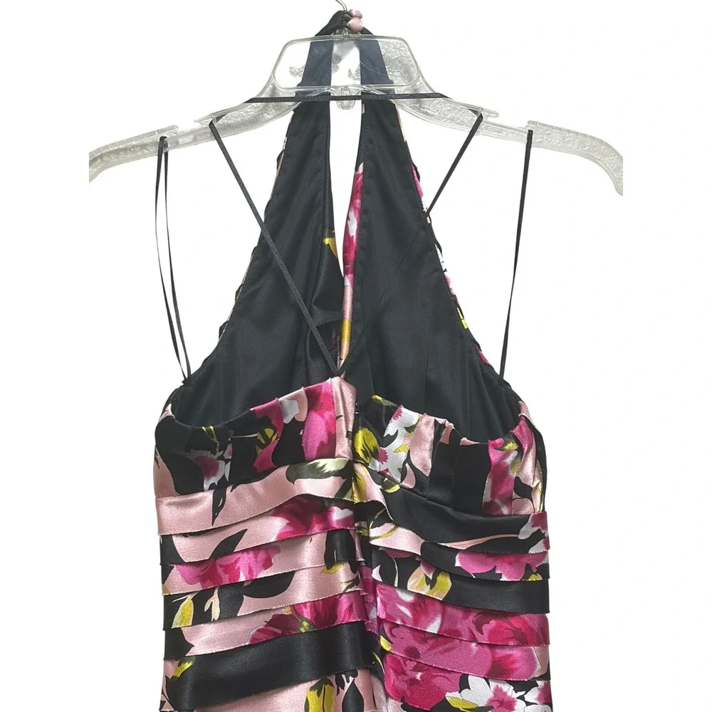 JS Collections Petite Floral Striped Halter Tiered Cocktail Dress Pink Black 4P